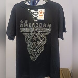 New Women's American Fighter Black V- Neck Tee with Geometric Design